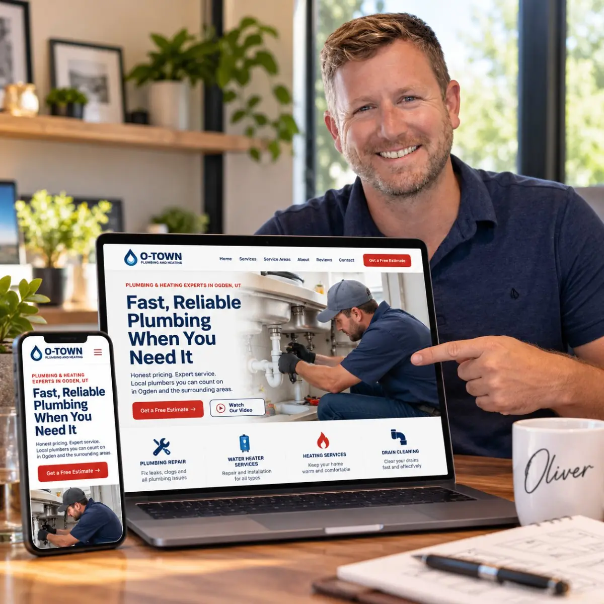 Oliver showing the O-Town Plumbing website on laptop and phone